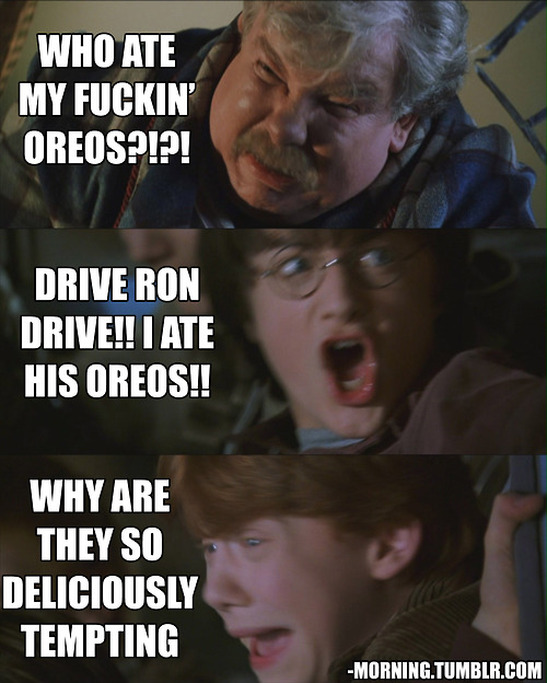 Vernon Dursley: Who ate my fuckin' oreos?!?!  Harry Potter: Drive Ron drive! I ate his oreos!! Ron Weasly: Why are they so deliciously tempting?