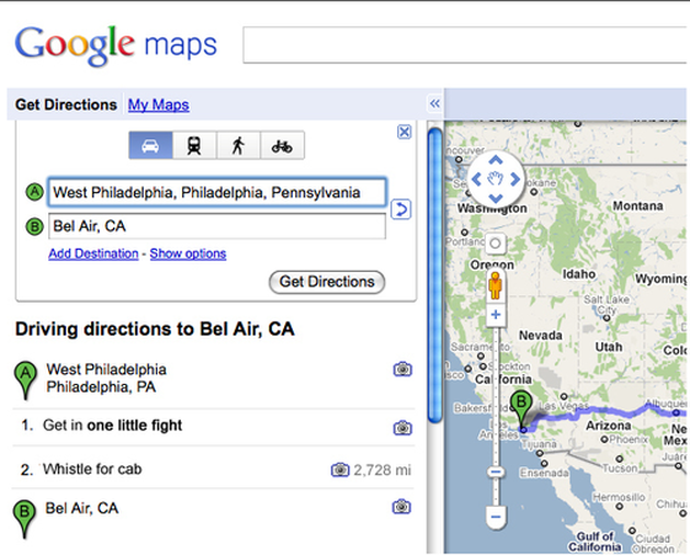 Google Maps Get Directions my maps West Philadelphia, Philadelphia, Pennsylvania, Bel Air, CA, Add Destination - Show Options - Get Directions - Driving directions to Bel Air, CA - A. West Philadelphia Philedalphia, PA, 1. Get in one little fight, 2. Whistle for cap, B. Bel Air, CA