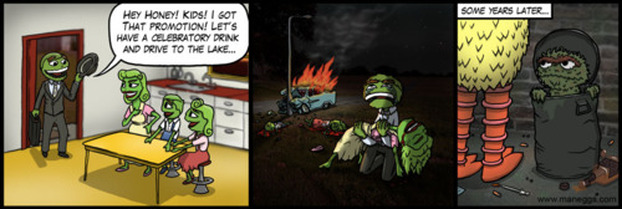 Oscar (to grouch family) Hey Honey! Kids! I got that promotion! Let's have a celebratory drink and drive to the lake...' Frame 2: Oscar holding dead wife, children dead in background, car in flames and oscar the grouch weeping. Frame 3: titled 'some years later' shows oscar the grouch in the can he is famed for talking to big bird
